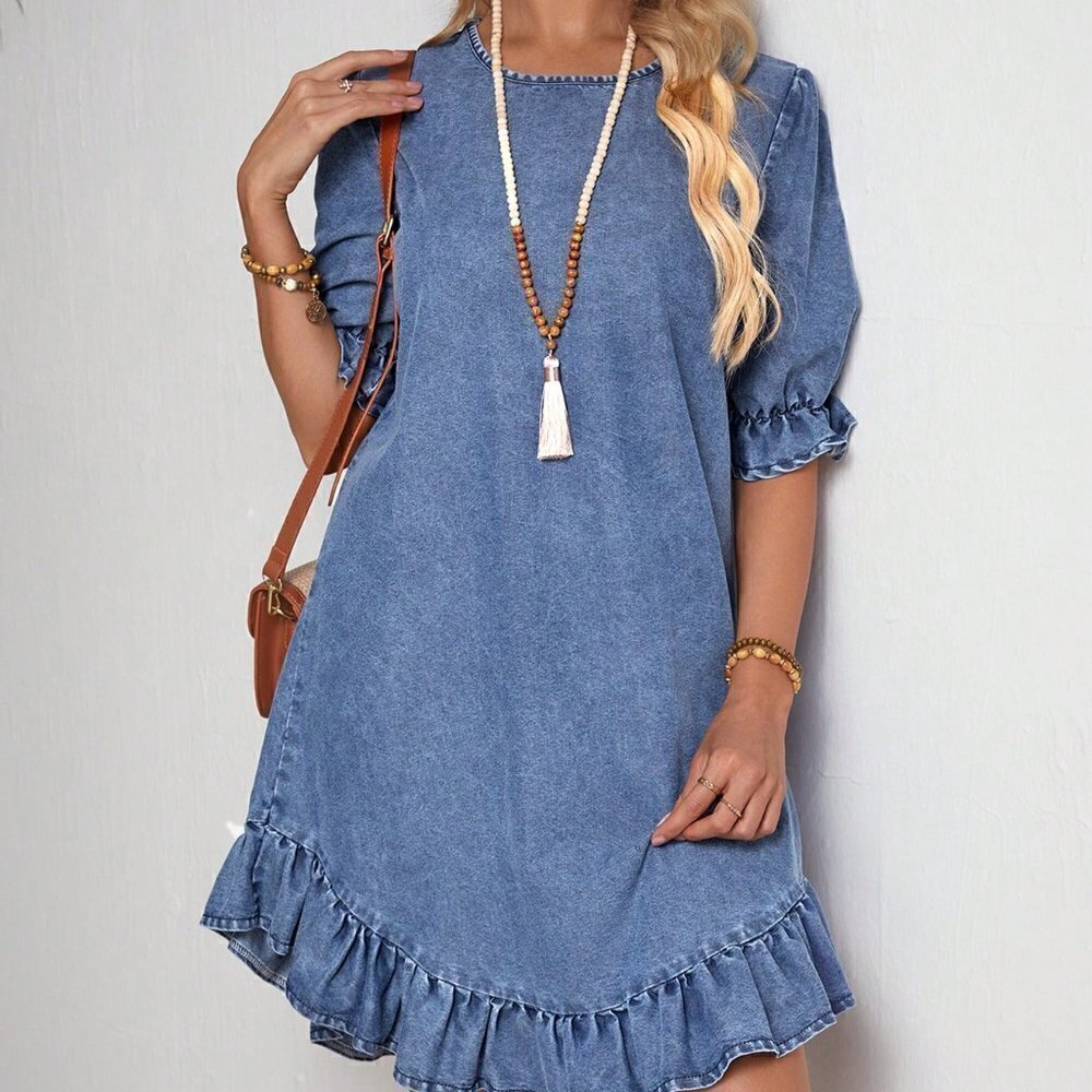 Blue Casual Women's Round Neck Short Puff Sleeve Denim Dress With Ruffled Hem - Picture 1 of 5